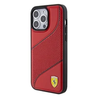 Ferrari Perforuotos bangos metalinis logotipas dėklas telefonui iPhone 15 Pro - raudonas