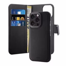 Puro Wallet Magnetinis nuimamas 2in1 PU odinis dėklas su atvartu ir pinigine telefonui iPhone 16 Pro - juodas