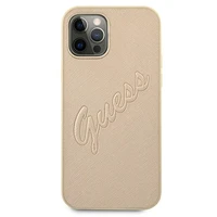 Guess GUHCP12LRSAVSLG iPhone 12 Pro Max 6.7 kietasis dėklas Saffiano Vintage Script auksinis