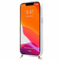 Guess GUHCP13SKC4GBGO iPhone 13 mini 5.4" skaidrus kietasis dėklas 4G rudos spalvos dirželiu ir auksine grandinėle