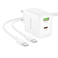 Borofone sieninis įkroviklis BN30 Cargador GaN - USB + Type C - QC 3.0 PD 45W su Type C į Type C kabeliu baltas