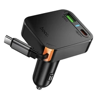 Automobilinis įkroviklis Hoco su ištraukiamu kabeliu 2 x USB C + USB A QC PD 65W NZ18 juodas