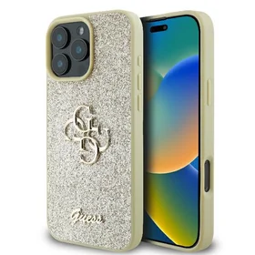 Guess Fiksuotas Blizgus Didelis 4G dėklas telefonui iPhone 16 Pro - auksinis