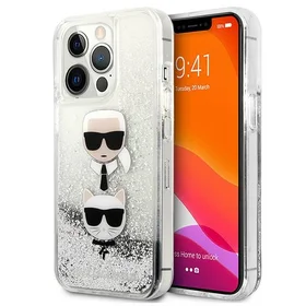 Karl Lagerfeld Skystas Glitter Karl&Choupette Galvos dėklas iPhone 13 Pro Max - sidabrinis