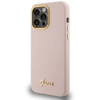 Guess Silicone Script Metal Logo & Frame dėklas telefonui iPhone 15 Pro - rožinis