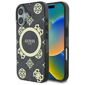Guess IML Peony On 4G Background MagSafe iPhone 16 dėklas - juodas