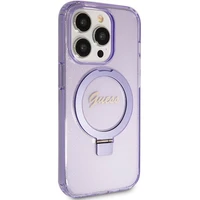 Guess dėklas telefonui su stovu Ring Stand Script Glitter magnetinis iPhone 15 Pro - violetinis