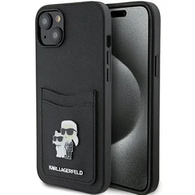 Karl Lagerfeld Saffiano Cardslot Karl&Choupette Metal Pin Dėklas telefonui iPhone 15 - juodas
