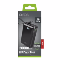 Išorinė baterija SBS 20000 mAh 20W su įmontuotu USB-C kabeliu ir skaitmenine indikacija - juoda