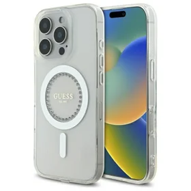 Guess IML Rhinestones magnetinis dėklas telefonui iPhone 16 Pro - baltas