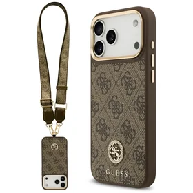 Guess 4G Strass Logo & Big Strap Metal Buttons Magnetinis dėklas telefonui iPhone 17 Pro Max - rudas