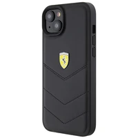 Ferrari FEHCP15MRDUK dėklas telefonui iPhone 15 Plus 6.7" juodas/juodas kietas su dygsniuotu metaliniu logotipu