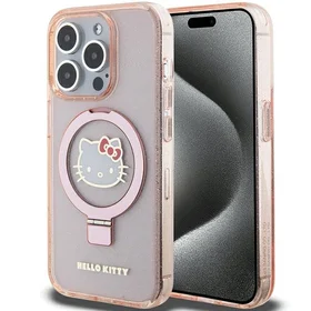 Hello Kitty žiedinis stovas blizgus Electrop Logo magnetinis dėklas telefonui iPhone 15 Pro - rožinis