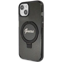 Guess Ring Stand Script Glitter Magnetinis dėklas telefonui iPhone 13 / 14 / 15 - juodas