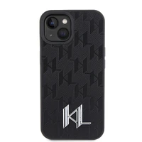 Karl Lagerfeld KLHCP15SPKLPKLK iPhone 15 / 14 / 13 6.1" juodas/juodas kietas dėklas Odinė monograma karštas štampas metalinė logotipas