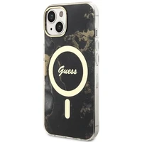 Guess GUHMP14SHTMRSK iPhone 14 6.1" juodas/juodas kietas dėklas Golden Marble Magnetinis