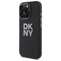 DKNY skystos silikoninės medžiagos dėklas telefonui su metaliniu logotipu iPhone 16 Pro - juodas