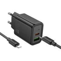 Įkroviklis telefonui Hoco USB A + USB C QC3.0 PD 3A 20W + kabelis USB C į Lightning N61 juodas