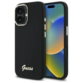 "Guess" silikoninis "iPhone 16 Plus" korpusas su metaliniu logotipu ir rėmeliu - juodas