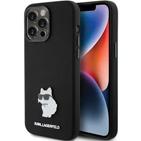 Karl Lagerfeld silikoninis Choupette Metal Pin dėklas telefonui iPhone 15 Pro Max - juodas