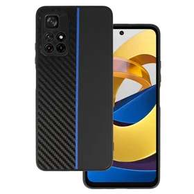 Tel Protect CARBON dėklas telefonui Xiaomi Redmi Note 11 5G/Note 11S 5G/Poco M4 Pro 5G juodas su mėlyna juostele