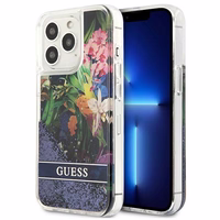Guess GUHCP13LLFLSB iPhone 13 Pro / 13 6.1" mėlynas kietas dėklas gėlių skystas blizgučiai