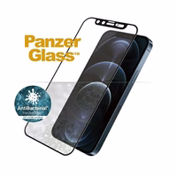 PanzerGlass E2E Microfracture antibakterinis stiklas su kameros dangteliu su Swarovsky kristalu iPhone 12 Pro Max - su juodu rėmeliu