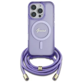 Guess Kryžminis Laidas Užrašas Magnetinis dėklas iPhone 16 Pro - violetinis