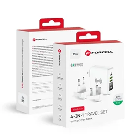 FORCELL F-ENERGY daugiafunkcis įkroviklis 15W 4in1 su USB/USB-C jungtimi, išorine baterija 8000mAh ir belaidžiu įkrovimu