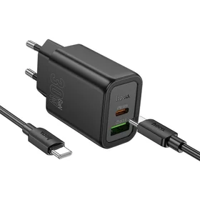 Įkroviklis telefonui Hoco USB A + USB C QC3.0 PD 3A 30W + kabelis USB C į USB C N63 juodas