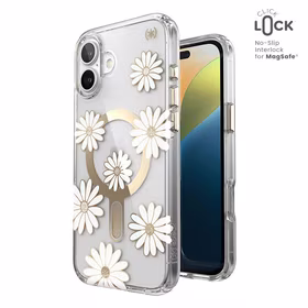 Speck Presidio Lux ClickLock & MagSafe - iPhone 16 Plus dėklas (Sunshine Daisies / Clear / auksinis)