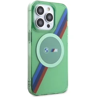 BMW M trispalvės juostelės magnetinis dėklas telefonui iPhone 15 Pro - žalias