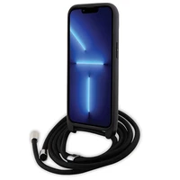 Karl Lagerfeld kryžminis Saffiano metalinis ženkliukas Karl & Choupette dėklas telefonui iPhone 15 Plus - juodas