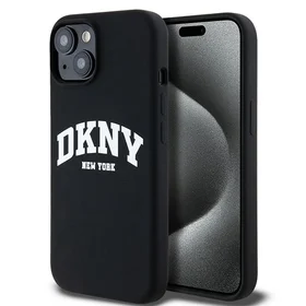 DKNY Skystas silikoninis dėklas MagSafe iPhone 15 Plus / 14 Plus su balto logotipo spauda - juodas (m)