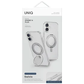 Uniq Swivix 360 sukamas stovas dėklas telefonui iPhone 16 Plus - skaidrus