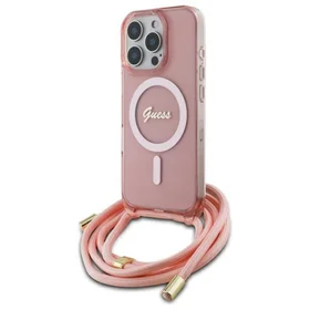Guess Crossbody Cord Script Magnetinis dėklas iPhone 16 Pro Max - rožinis