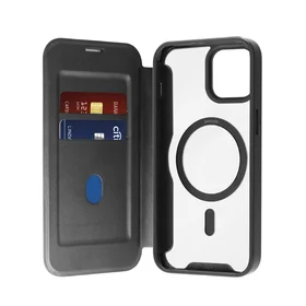 Puro Book Mag MagSafe odinis dėklas su atvartu ir kortelių lizdu telefonui iPhone 16 Plus - juodas