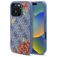 Guess 4G gėlių rašto Magnetinis dėklas iPhone 16 Pro - mėlynas