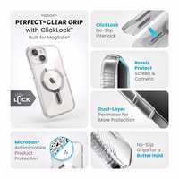 Speck Presidio Perfect-Clear Grip ClickLock & MagSafe - iPhone 17e / 16e / 15 / 14 / 13 dėklas (Clear / Chrome Finish / Serene sidabrinis)