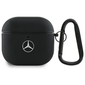 Mercedes MEA4CSLBK AirPods 4 odinis dėklas su metaliniu logotipu, juodas