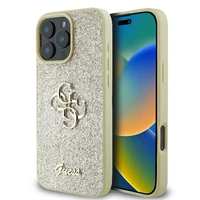 Guess Fiksuotas Blizgus Didelis 4G dėklas telefonui iPhone 16 Pro - auksinis