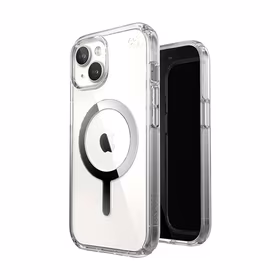 Speck Presidio Perfect-Clear MagSafe - iPhone 17e / 16e / 15 / 14 / 13 dėklas (Clear / Chrome Finish / Serene sidabrinis)