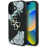 Guess Grained Roses Big 4G logo dėklas telefonui iPhone 16 - juodas
