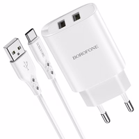 Borofone Sieninis įkroviklis BN2 Super - 2xUSB - 2,1A su USB į Type C baltas
