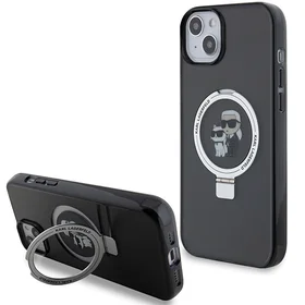 Karl Lagerfeld KLHMP15MHMRSKCK iPhone 15 Plus 6.7" juodas/juodas kietas dėklas su žiediniu stovu Karl&Choupette Magnetinis