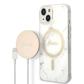 Rinkinys Guess GUBPP14SHMEACSH dėklas + įkroviklis iPhone 14 6.1" baltas/kietas dėklas Marmuras Magnetinis