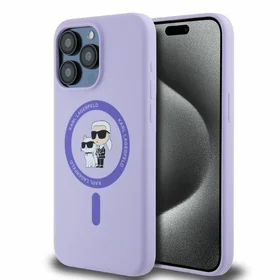 Karl Lagerfeld silikoninis Karl&Choupette galvų žiedas Magnetinis dėklas iPhone 15 Pro Max - Violetinis