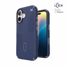 Speck Presidio2 Grip ClickLock & MagSafe - iPhone 16 dėklas (Coastal mėlynas / Dust pilkas / baltas)