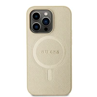 Guess GUHMP15LPSAHMCB iPhone 15 Pro 6.1" auksinis/auksinis kietas dėklas Saffiano MagSafe