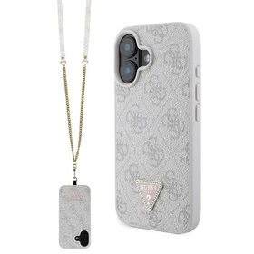 Guess Odinis Crossbody dėklas telefonui iPhone 16 su metaliniu logotipu ir Strass - rožinis